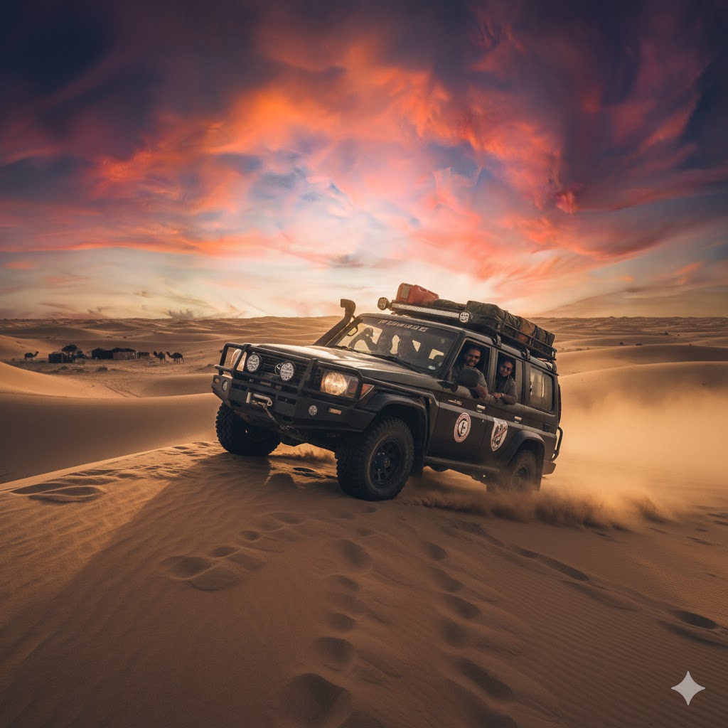Image d'un 4x4 dans le désert du Sahara lors de circuits sur mesure en Tunisie